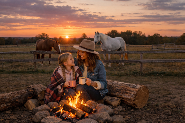 Woman and girl by campfire with mugs, horses in background, sunset.