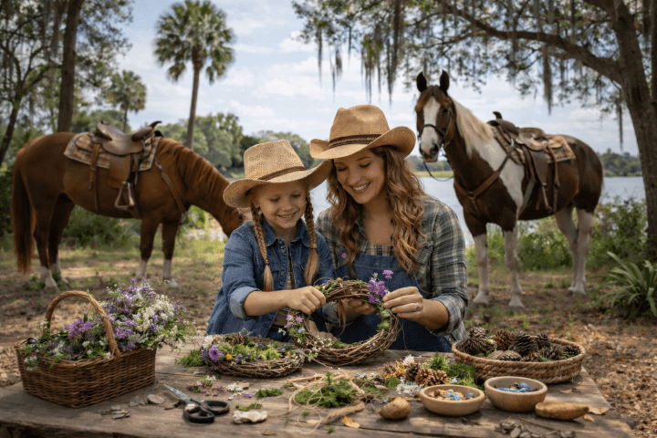 Two people in hats make floral wreaths at an outdoor table, with horses and trees in the background.