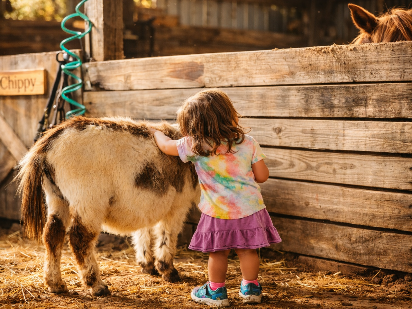Child in colorful outfit petting a small donkey beside a wooden stable.
