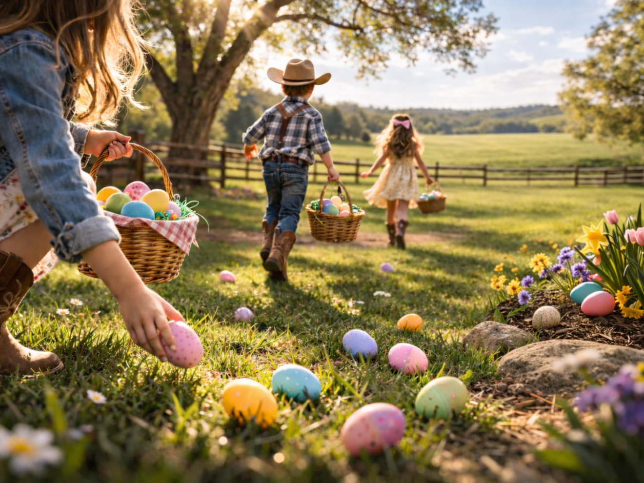 Children in a field collecting Easter eggs in baskets under a sunny sky.