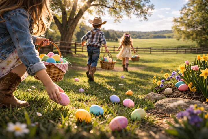 Children in a field collecting Easter eggs in baskets under a sunny sky.